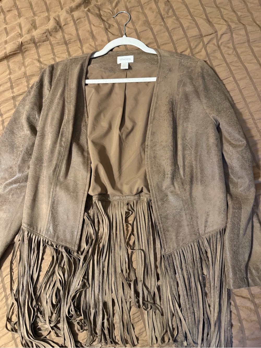 Chico's Taupe Fringe Open-Front Suede-Look Jacket